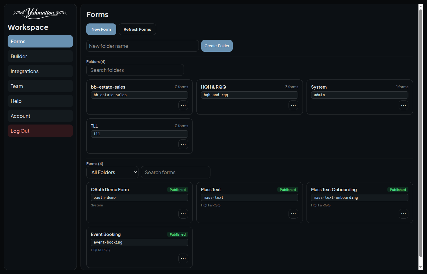 Form Builder dashboard showing forms and folders
