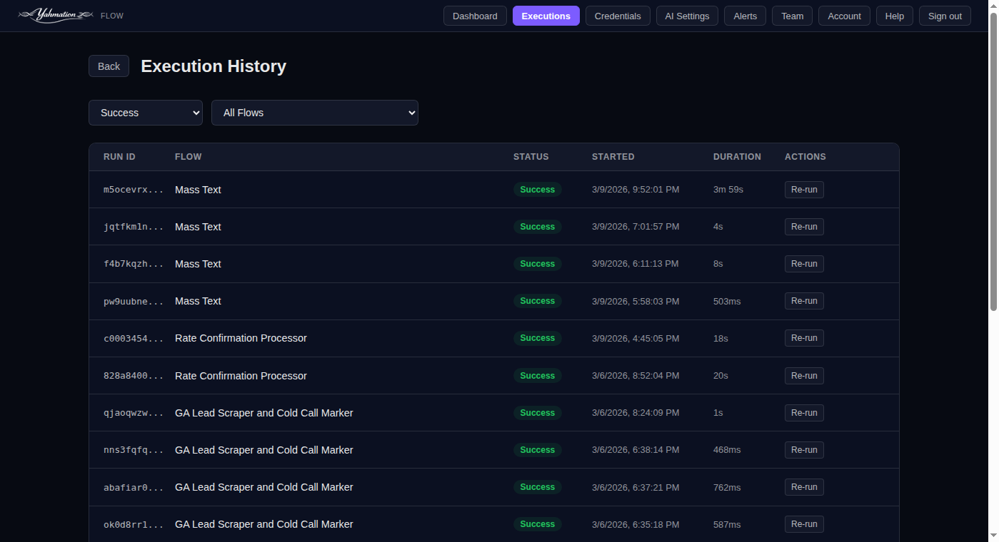 Execution history showing run statuses, durations, and timestamps