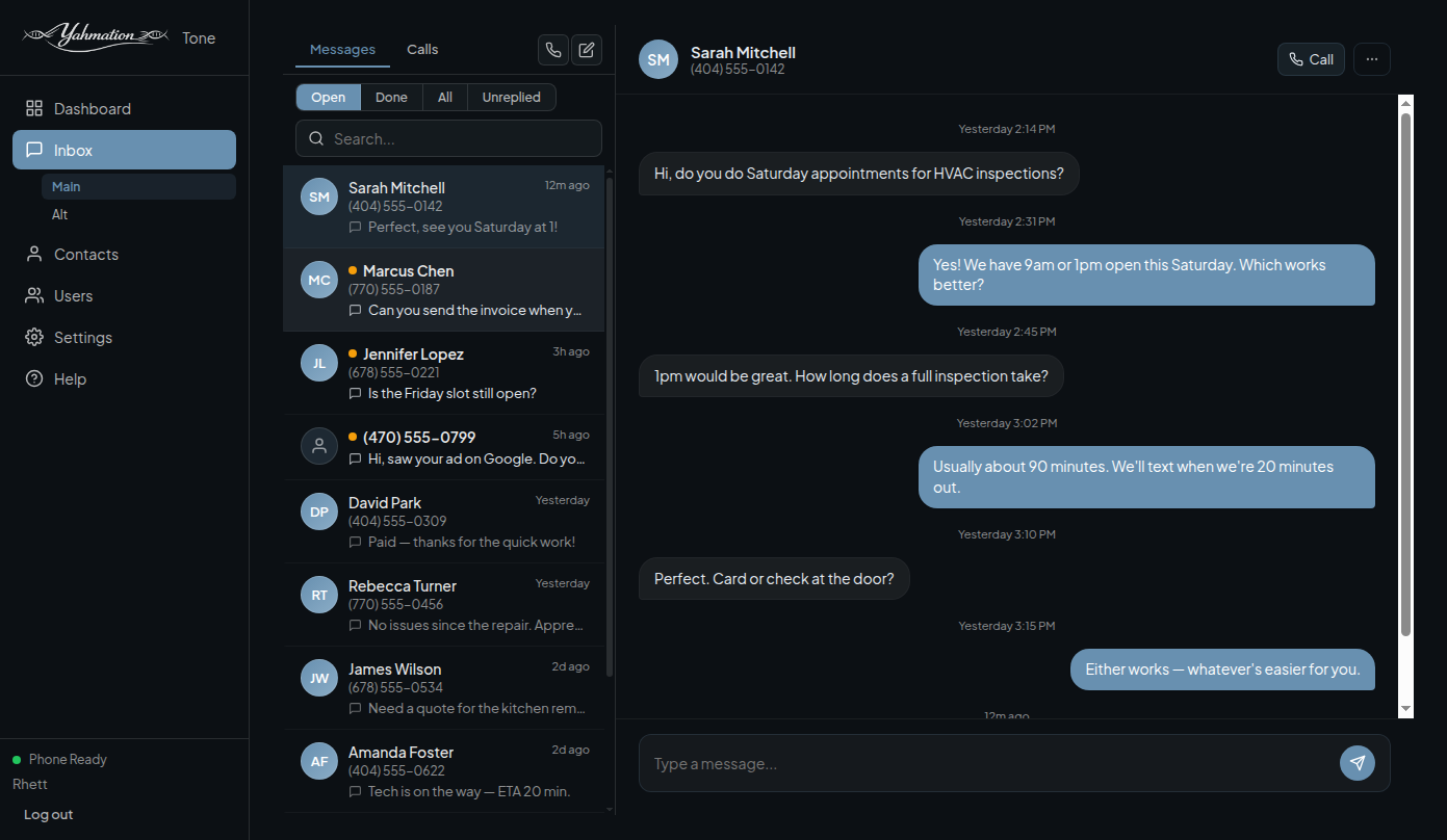 Yahmation Tone — unified inbox showing recovered calls and texts